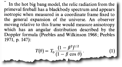 Relativistische Dopplerformel in Gorenstein, M. V., Smoot, G. F., Large-Angular-Scale Anisotropy in the Cosmic Background Radiation, The Astrophysical Journal, 244, pp. 361-381, 1981